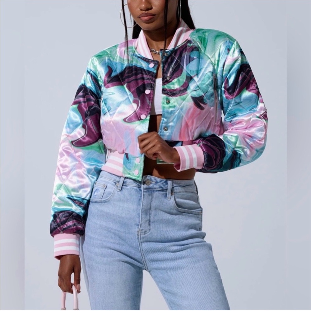 AKIRA Multicolor Satin Bomber Jacket - Picture 3 of 5